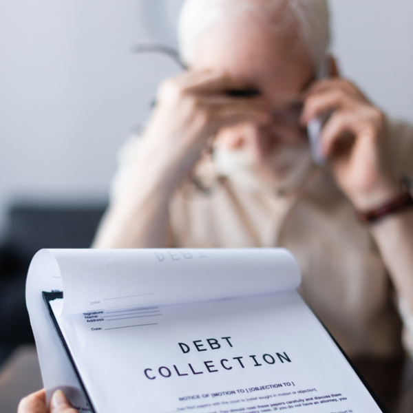 a woman holding debt collection papers